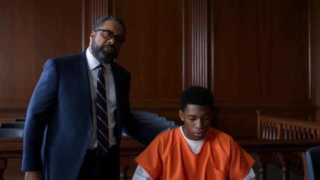 An attorney supporting a defendant in a courtroom, a scene representing justice. The man with the suit seems comforting to the defendant Stock Video