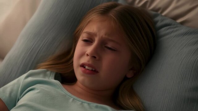 A young girl is lying down looking upset Stock Video