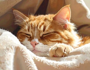 A sleeping, orange tabby cat cozy inside of a soft blanket