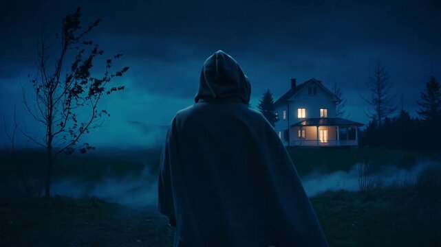 Silhouette cagoul&eacute;e face &agrave; une maison &eacute;clair&eacute;e dans la nuit