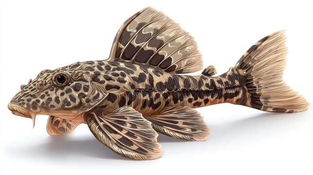 Detailed studio shot of a brown and tan pleco fish on white background