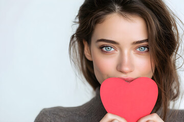 woman holding a heart-shaped paper in front of her face