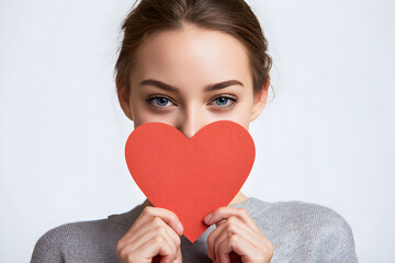 woman holding a heart-shaped paper in front of her face