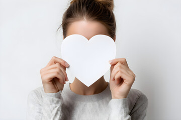 woman holding a heart-shaped paper in front of her face