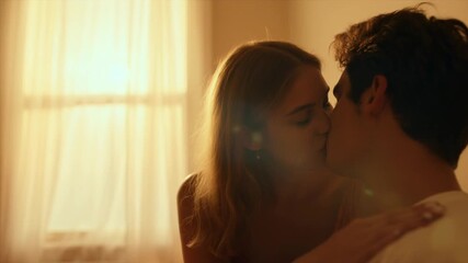 Couple sharing a tender kiss, portraying affection and intimacy. Soft lighting casts a romantic glow on the scene. Stock Video