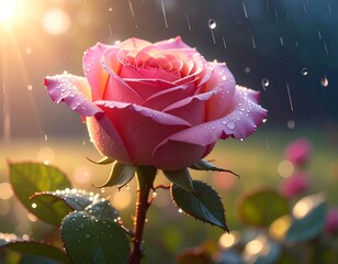 A pink rose glistens with raindrops against a blurry garden backdrop