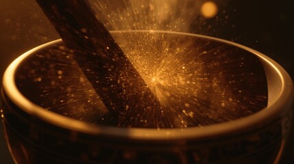A glowing Tibetan singing bowl releases golden particles as it is played with a wooden mallet.