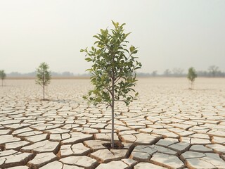 A young sapling thrives amid a cracked, barren landscape, symbolizing hope and resilience.