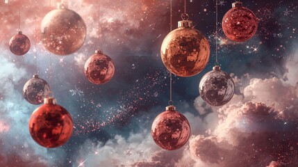 Floating Christmas ornaments shimmer among snowflakes and glowing lights in a dreamy winter atmosphere.