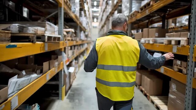 Operator managing online warehouse inventory through a digital dashboard connected to IoTenabled tracking devices.