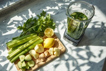 Fresh green juice ingredients arranged on a sunlit kitchen counter.