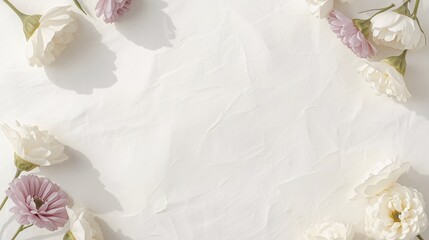 Soft pastel flowers frame the edges of a white textured background, creating a clean and elegant layout.