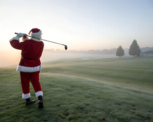 Fototapeta premium Santa Claus playing golf on a misty morning.