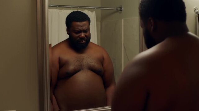 A man sadly looks at his reflection in the mirror, conveying introspective emotions and self-contemplation Stock Video