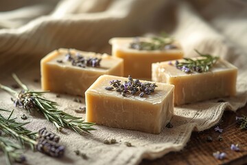 Handmade soap bars topped with lavender rest on linen cloth surrounded by fresh rosemary.