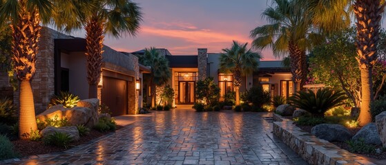 Luxurious modern house with palm trees and stone pathway at sunset, panoramic view
