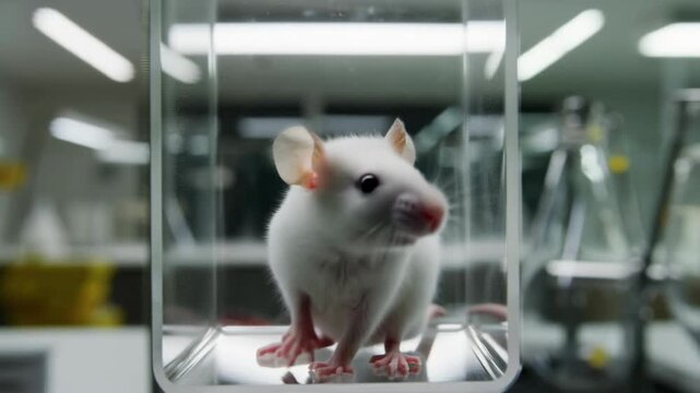 A curious mouse inside a transparent enclosure. The mouse has pink eyes and a soft, white coat. The image offers a peek into a laboratory setting. Stock Video