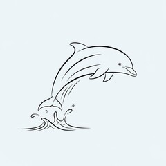 Obraz premium Dolphin leaping out of water, black and white line art illustration.