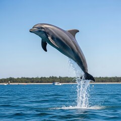 Obraz premium Dolphin leaps from ocean, a captivating marine spectacle.