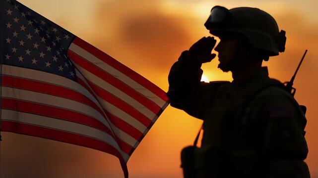 Silhouette of a military soldier saluting the American flag during a golden orange sunset, symbolizing patriotism and honor for Veterans Day.