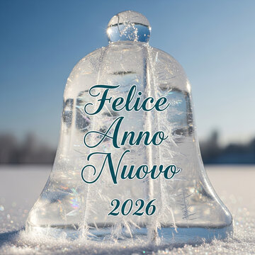 Carte de v&oelig;ux glac&eacute;e souhaitant un felice anno nuovo 2026 avec cloche de cristal enneig&eacute;e
