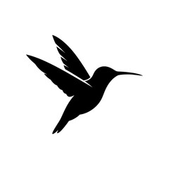 Elegant Black Hummingbird Silhouette Flying Gracefully on White Background.