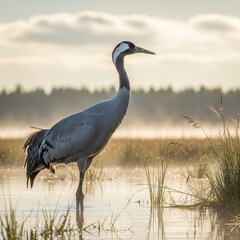 Obraz premium Elegant Common Crane Standing in Misty Wetland at Sunrise.