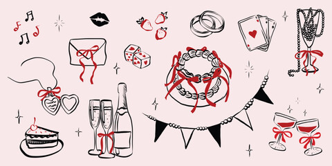 Hand drawn coquette wedding elements. Vintage cute symbols with ribbon and bow in simple crayon sketch style. Trendy art for Valentine day and bachelorette invitations. Outline vector illustration