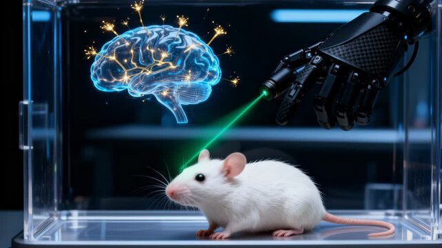 White laboratory mouse in a transparent enclosure during a futuristic experiment. A robotic arm emits a green laser toward the mouse, with a glowing holographic brain projection above.