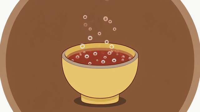 Looping animation of a warm bowl of soup with rising bubbles on a brown background.