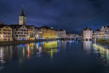 Cityscape of Zurich, Switzerland, at dusk over the Limmat River in Altstadt