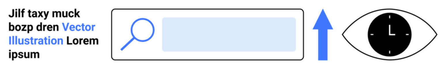 Obraz premium Data analysis, information search, market research, digital time tracking, user interaction, workflow optimization. Search bar, arrow eye with clock. Data analysis and information search concept