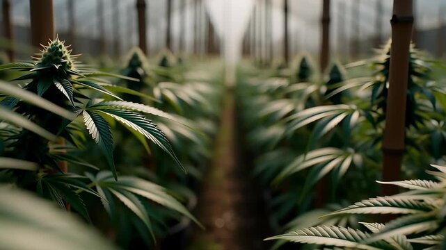 Lush green cannabis plants with budding flowers growing in rows inside a sunlit greenhouse, illustrating medical marijuana cultivation and hemp farming.