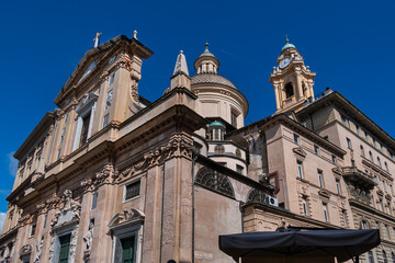 Fototapeta premium Church of Jesus (Chiesa del Gesu) or Church of Saints Ambrose and Andrew was re-built between 1552 and 1589, typical example of the Genoese Baroque style. GENOA, ITALY.