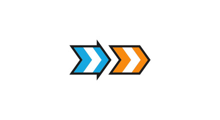 Fototapeta premium abstract double arrow logo icon with blue and orange chevron shapes on white background symbolizing fast forward progress and direction