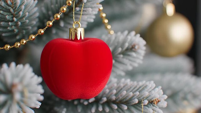 Red velvet apple ornament hanging on a frosted Christmas tree branch with golden beads and copy space, ideal for elegant winter holiday greetings.