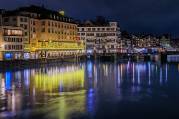Cityscape of Zurich, Switzerland, at dusk over the Limmat River in Altstadt