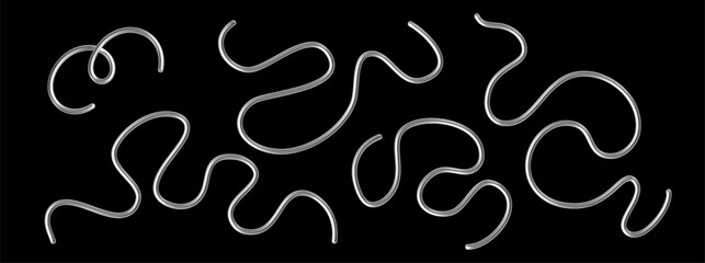 Abstract 3d chrome spiral line. Pattern y2k silver wave shape. Futuristic trend line curve, glossy swirl, black steel ribbon. Vector illustration