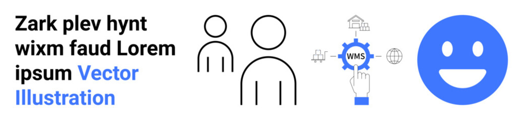 Teamwork, cloud computing, emotion analysis, digital tools, business concepts, communication. Minimalist icons include people, a cloud gear and a happy face. Teamwork and cloud computing concepts