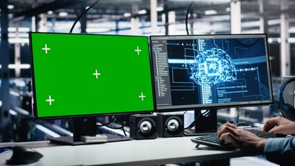 Data center engineer working on neural network software development on green screen PC. Server room IT specialist implementing machine learning technology using mockup computer, camera A