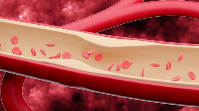 High detail medical animation of clogged arteries showing cholesterol plaque buildup restricting blood flow. Clean scientific visualization ideal for healthcare, cardiology, and medical