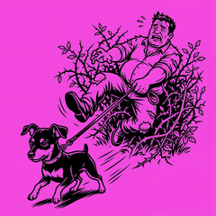 Man gets pulled by dog in a bush at the park in color: soft purple bright