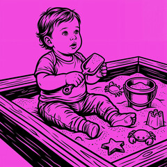 Child plays with toys in sandbox during sunny day in color: soft purple bright
