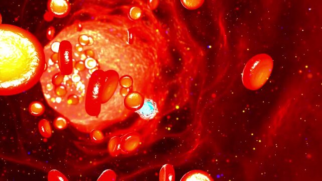 Medical animation showing blood flow through the human circulatory system with heart pumping, arteries and veins visible inside the body, illustrating oxygen transport and cardiovascula