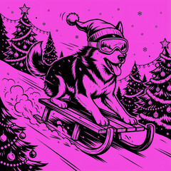 Dog on a sled during winter near Christmas trees in color: soft purple bright