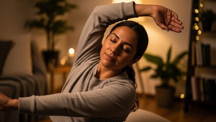 Woman doing stretching exercises at home in the evening