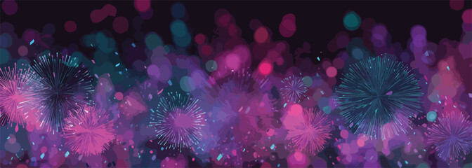 밤하늘을 수놓는 화려한 보라색과 청록색 불꽃놀이의 아름다운 추상적인 배경