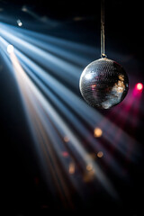 A hanging mirrored disco ball reflecting bright white light beams and colorful spotlights in a dark nightclub setting, creating a dynamic party atmosphere.
