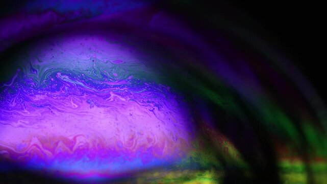 Purple liquid glowing flat film, colourful macro abstraction, interference pattern, glowing elements, smooth motion, psychedelic fluid texture 