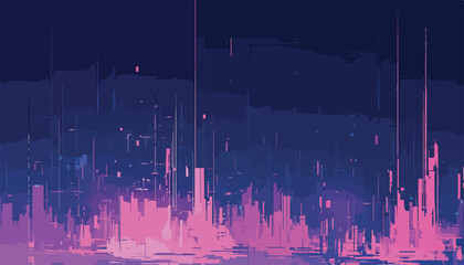 추상적인 도시 풍경의 벡터 아트, 네온 핑크와 보라색 조명이 빛나는 밤 풍경